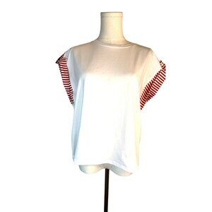 NWT Zara Medium White T-Shirt With Red Striped Flutter Sleeves 100% Cotton